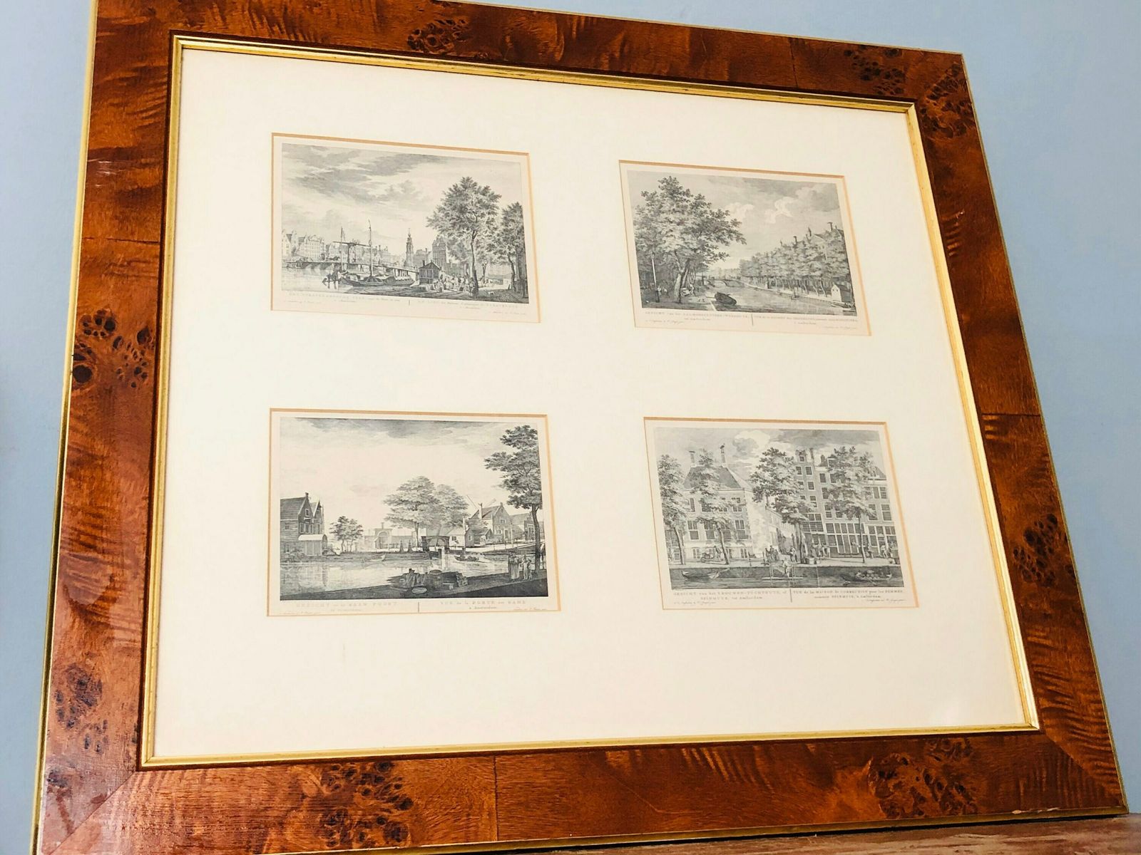 Beautiful Set Of Antique Amsterdam The Netherlands Engravings In A Burr Walnut Frame With Gold Inner Section Vintage (Hh) photo vinterior