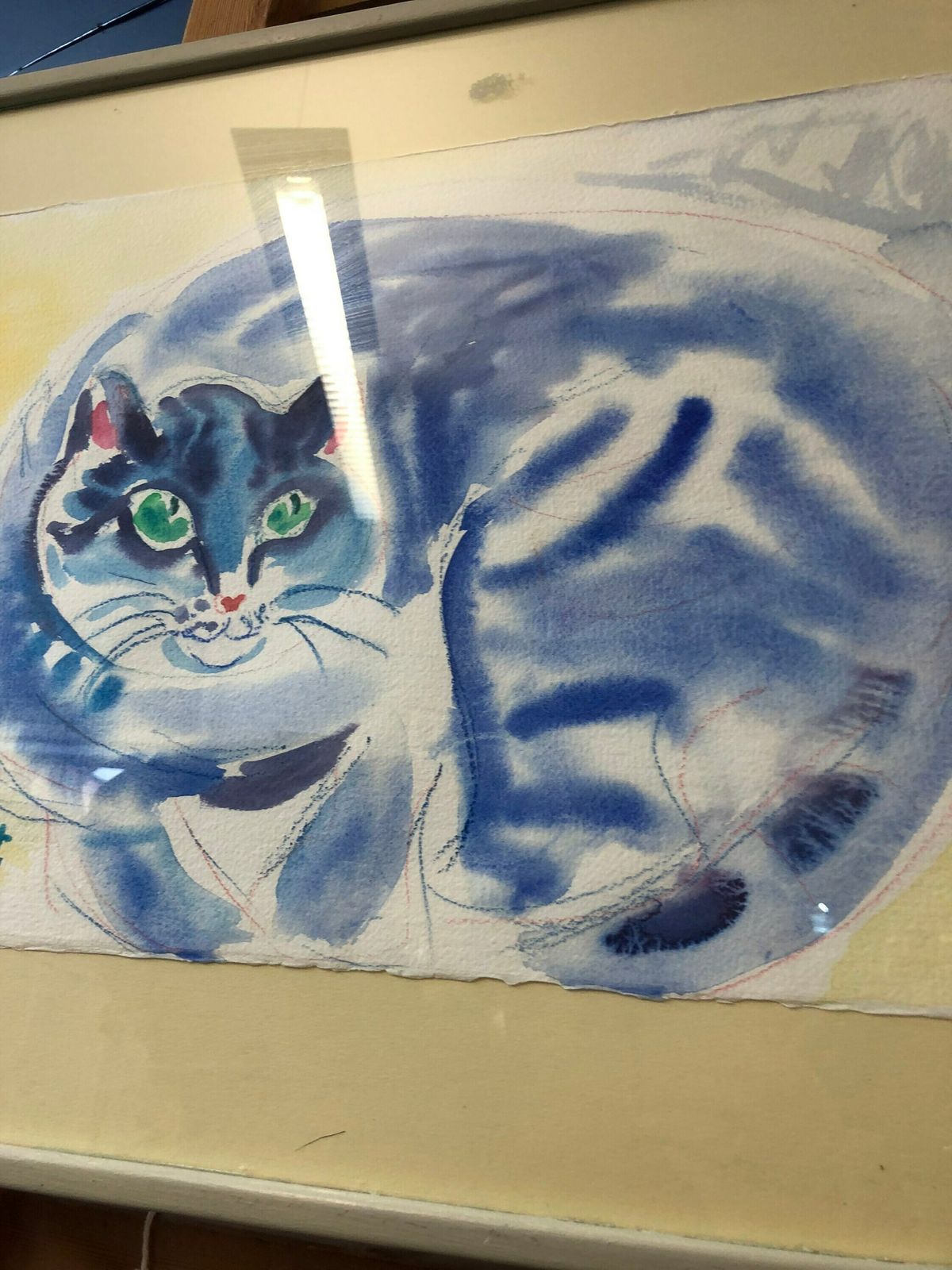 Mt Bonnet French 20th Century Watercolour Of A Blue Tom Cat Green Eyes Contemporary Vibrant Framed photo furniture