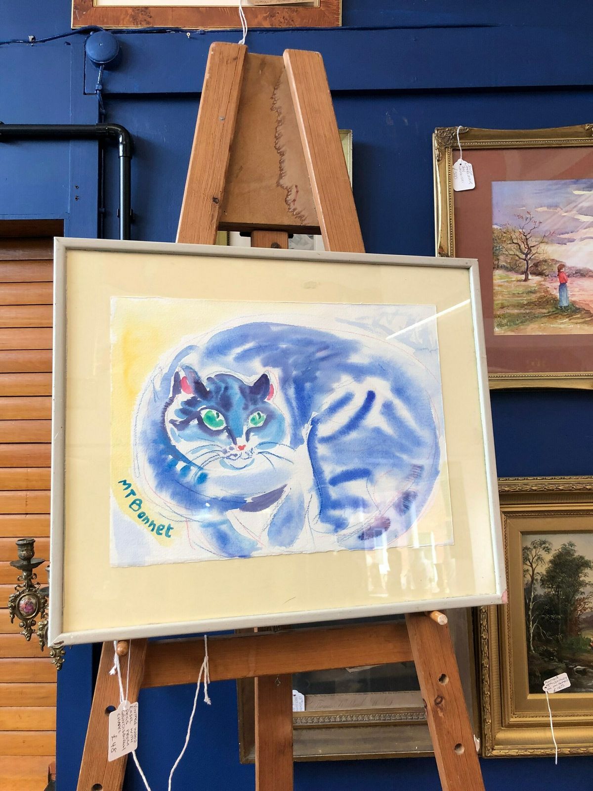 Mt Bonnet French 20th Century Watercolour Of A Blue Tom Cat Green Eyes Contemporary Vibrant Framed photo buy