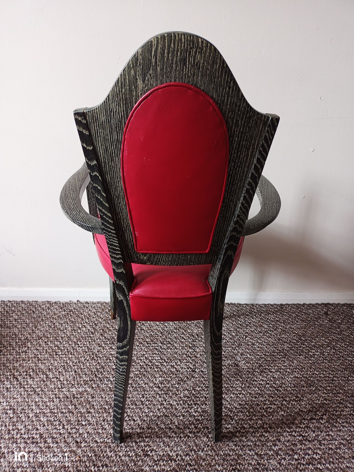 photo furniture French Late Art Deco Chairs, Limed Oak Wood Frames, Red Leather Upholstery. 1940's. Set Of 4