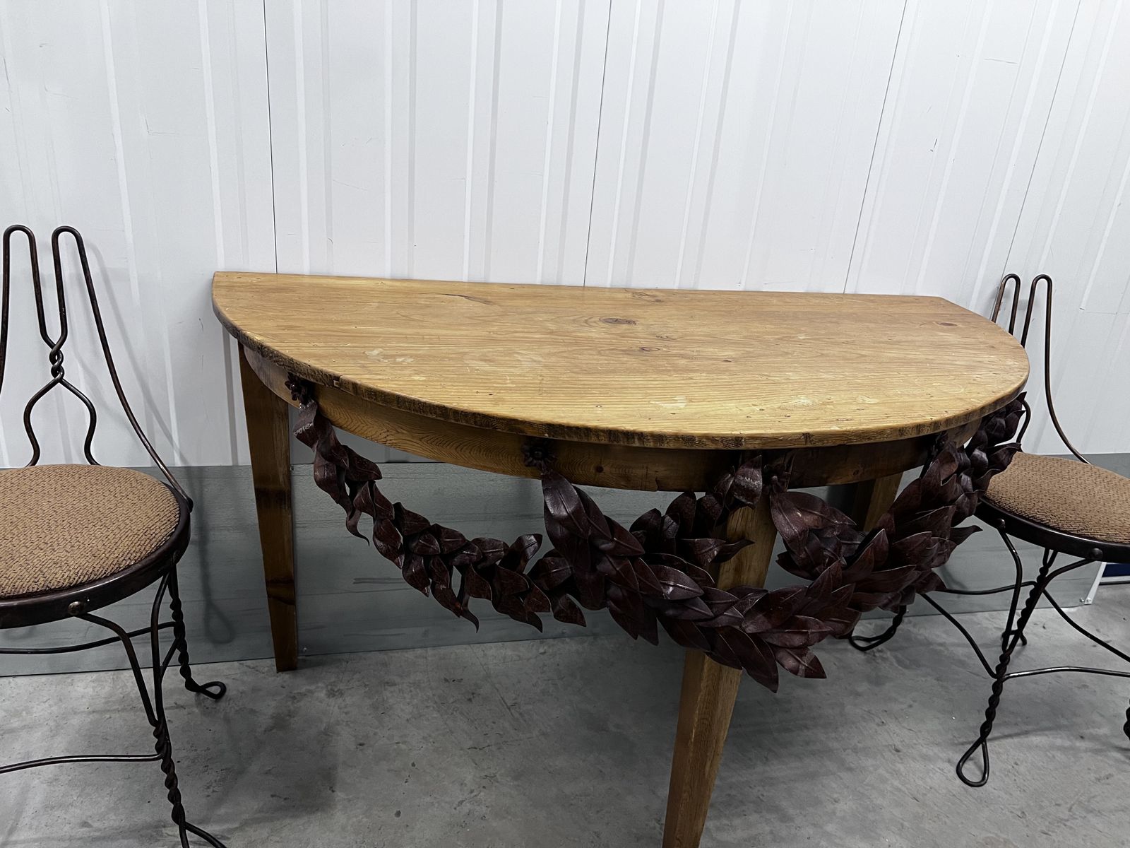 Demi Lune Pine Italian Console With Broad Metal Leafy Adorn photo for sale