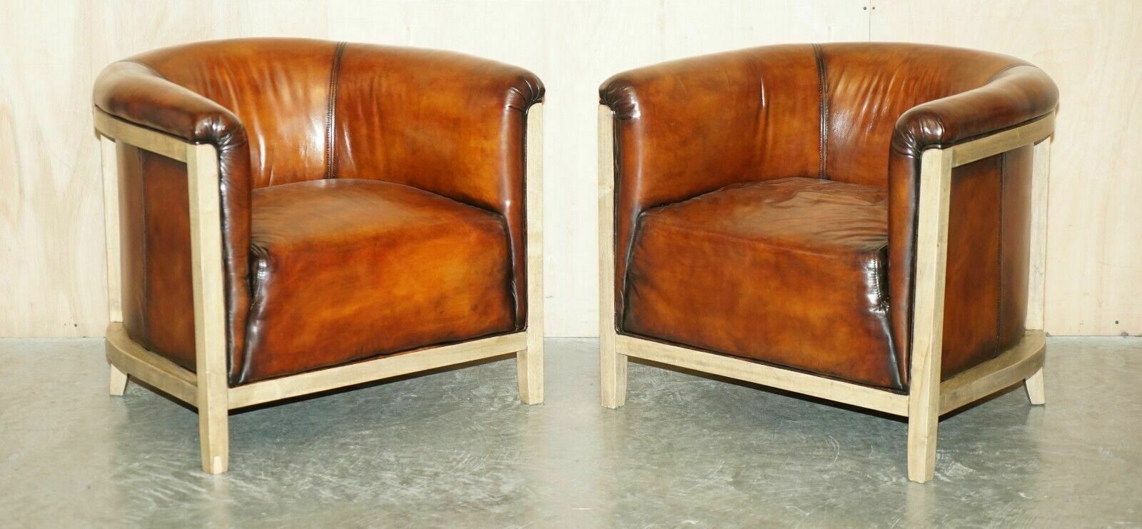 Pair Of Fully Restored Stitched Brown Leather Limed Oak Tub / Club Armchairs