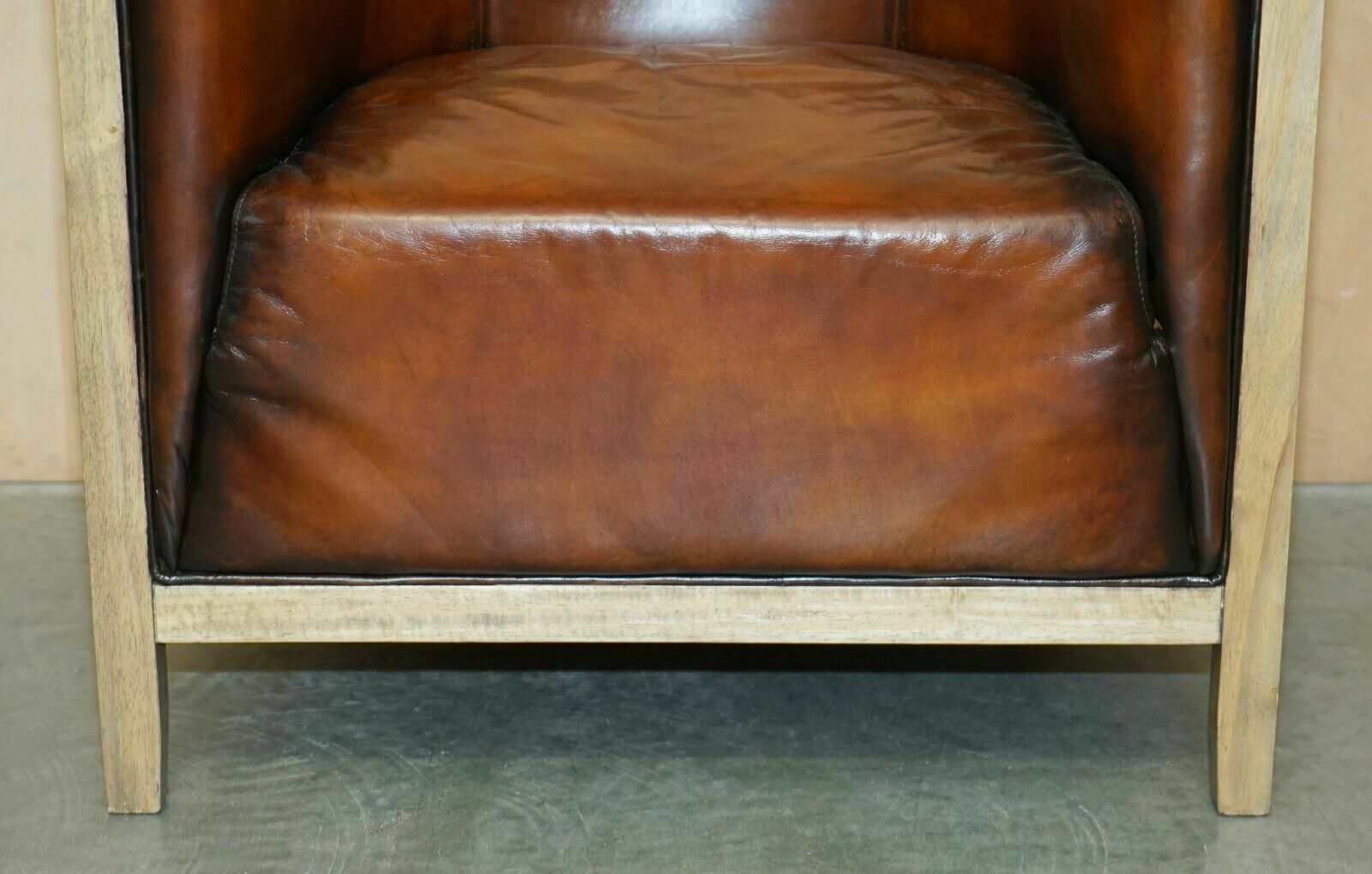 photo for sale Pair Of Fully Restored Stitched Brown Leather Limed Oak Tub / Club Armchairs