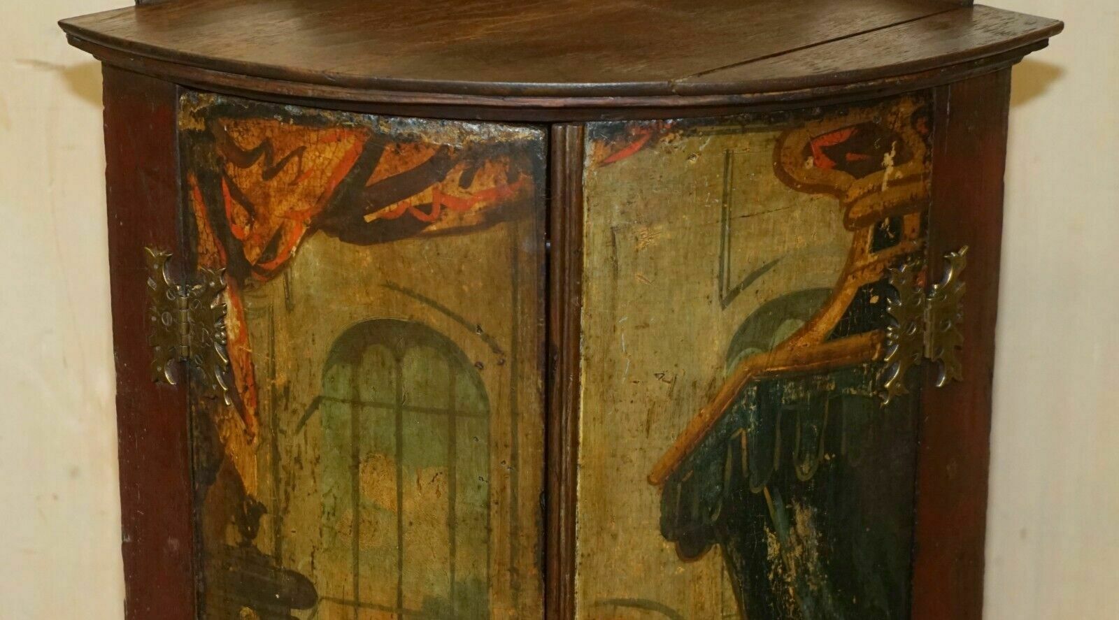 Pair Of George I Circa 1700 Henry VIII Polychrome Painted Corner Wall Cabinets photo Furniture