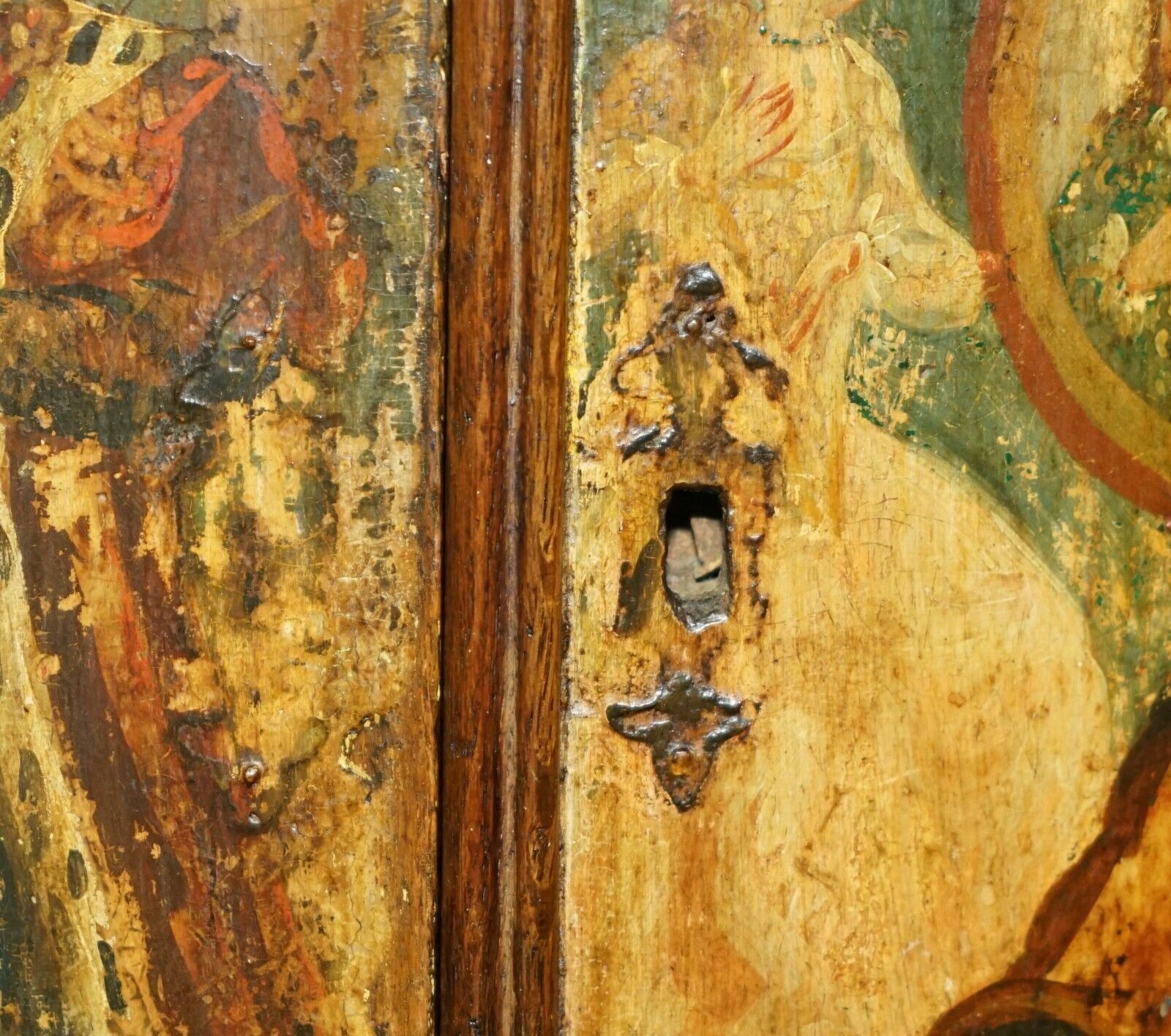 photo furniture Pair Of George I Circa 1700 Henry VIII Polychrome Painted Corner Wall Cabinets
