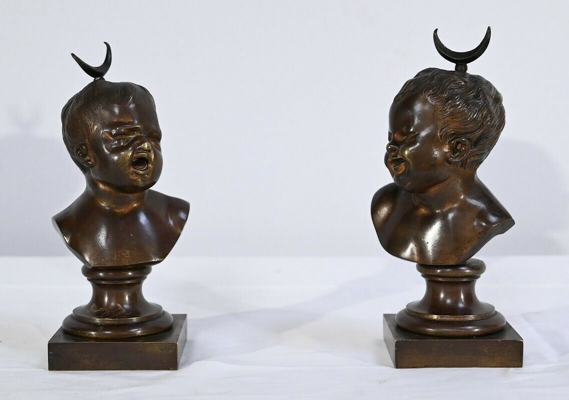 Pair Of Bronzes "Laughing Jean, Crying Jean", After Ja.Houdon   Late 19th Century