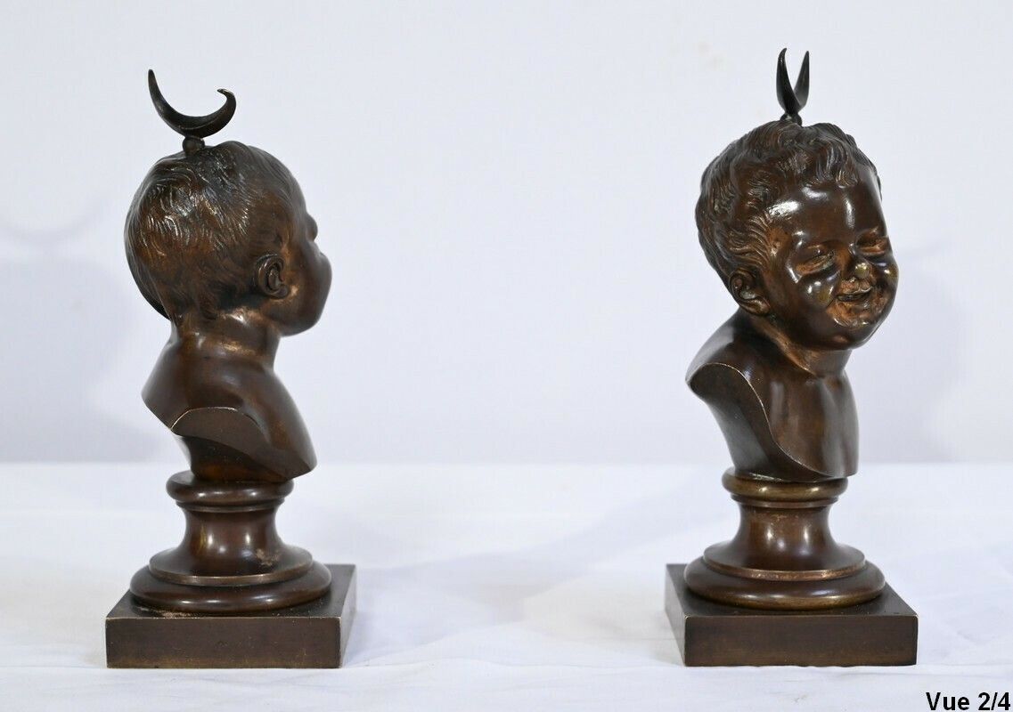 photo vintage Pair Of Bronzes "Laughing Jean, Crying Jean", After Ja.Houdon   Late 19th Century