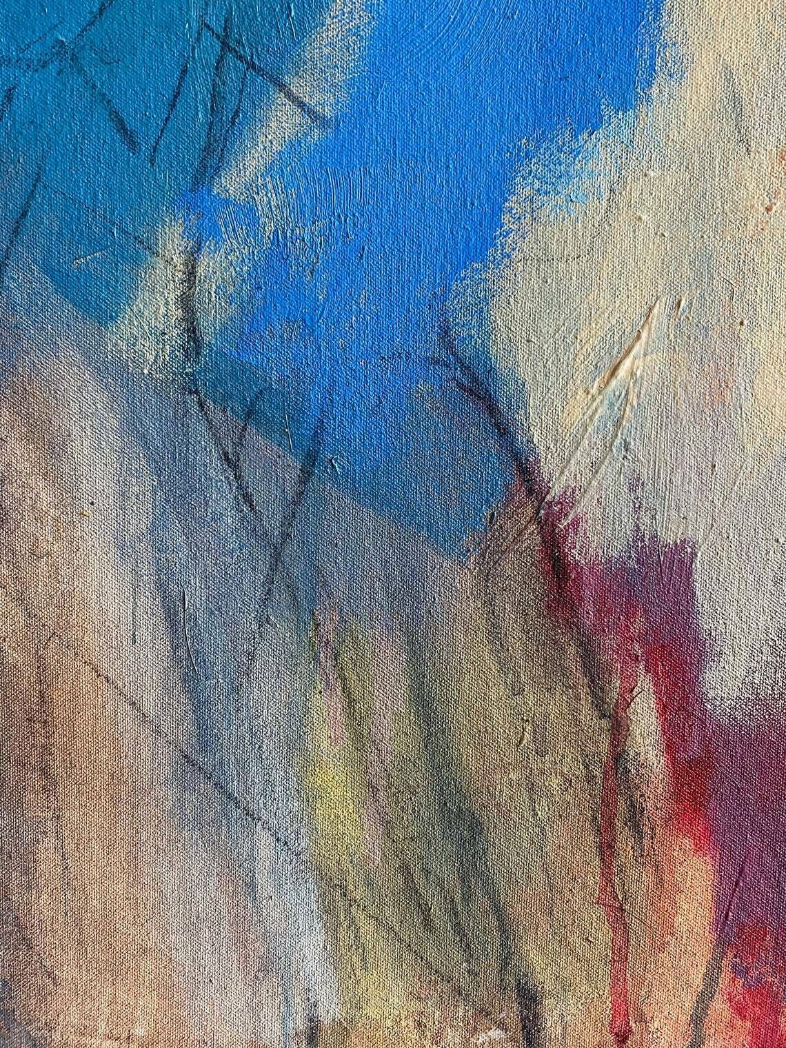 Abstract Oil Painting On Canvas Original Vintage Artwork Of Figures Moving Dancing In Motion In Blue Beige Green And Pink Colour Palette photo 2350.0