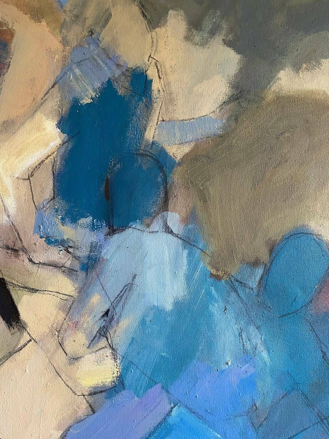 Abstract Oil Painting On Canvas Original Vintage Artwork Of Figures Moving Dancing In Motion In Blue Beige Green And Pink Colour Palette photo vinterior