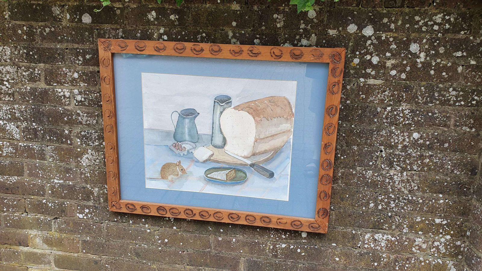 Very Large Bold And Imposing 70’s Or 80’s Quirky Still Life Watercolour Cheese Wine And Mouse.