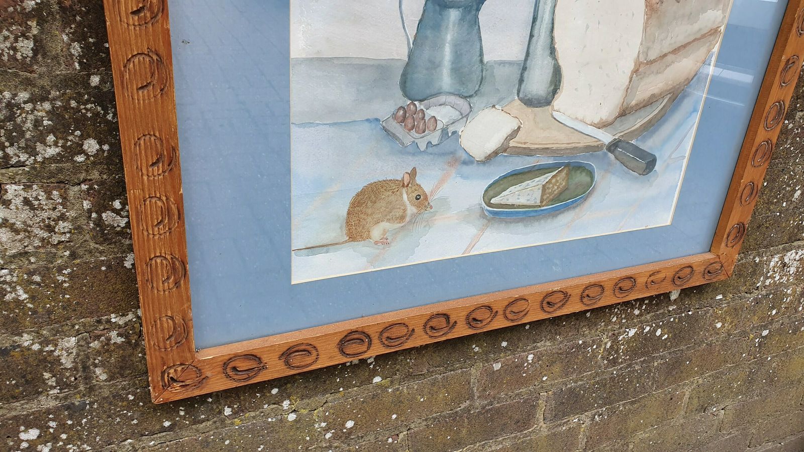 Very Large Bold And Imposing 70’s Or 80’s Quirky Still Life Watercolour Cheese Wine And Mouse. photo Art