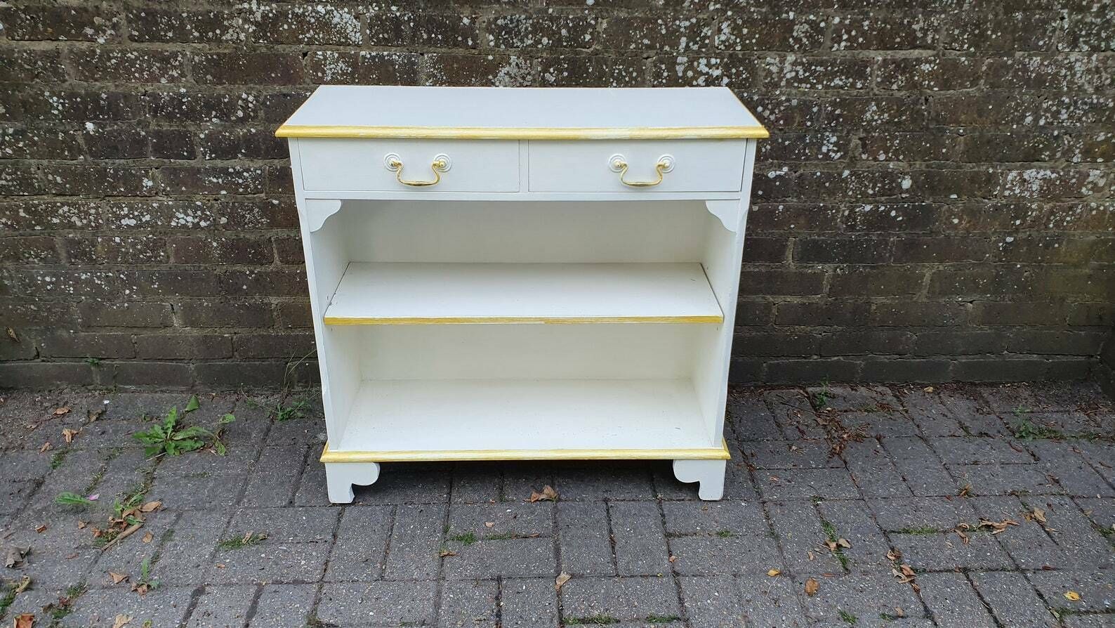 Wonderful 1970’s Shelves Bookcase Hallway Living Room Unit In Farrow And Ball Cream With Gold Highlights