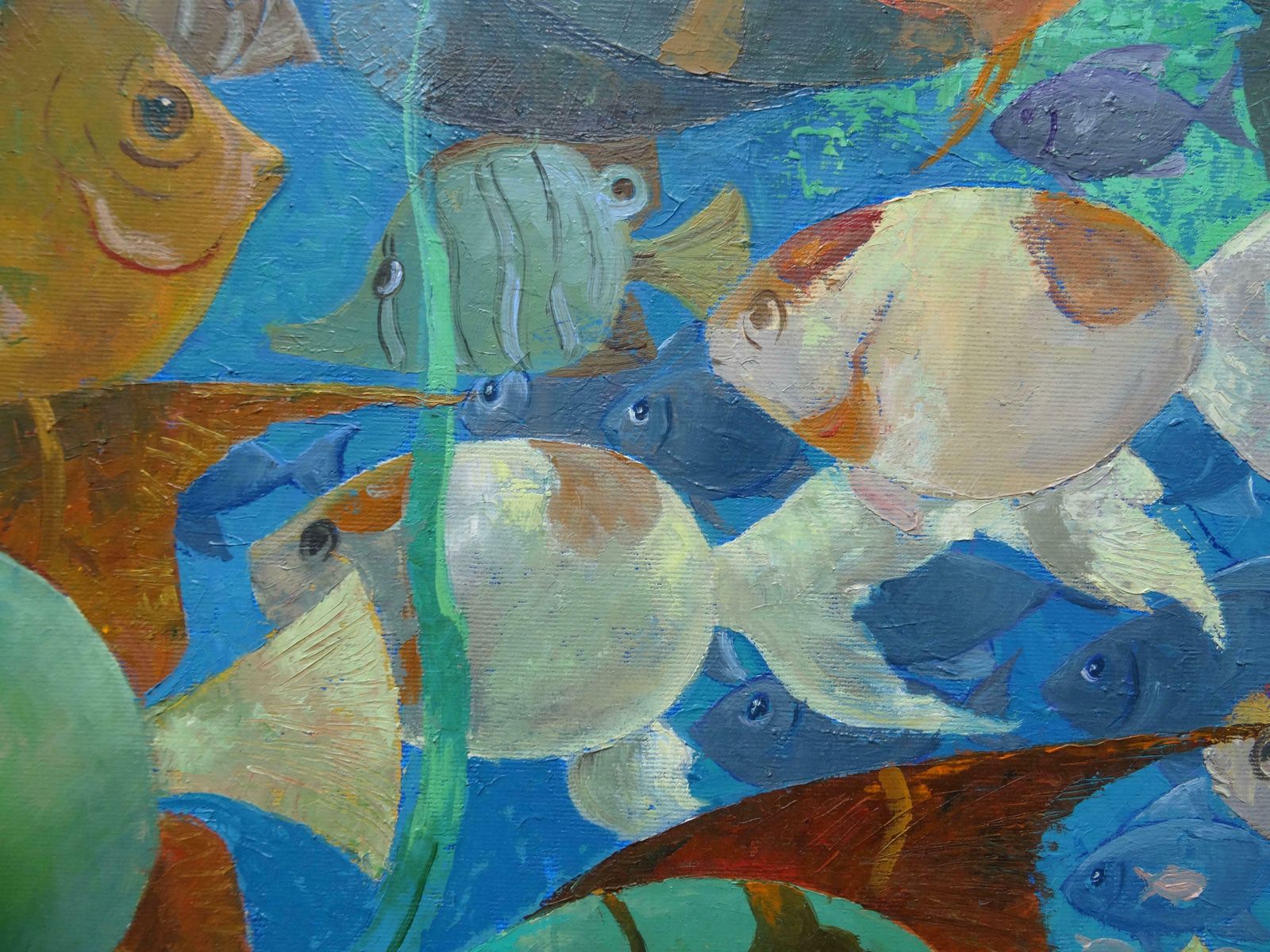 Nugzar Kakhiani (Kahiani) Fishes. Underwater World. Blue, Green Colours. 2018. Oil On Canvas, photo Art