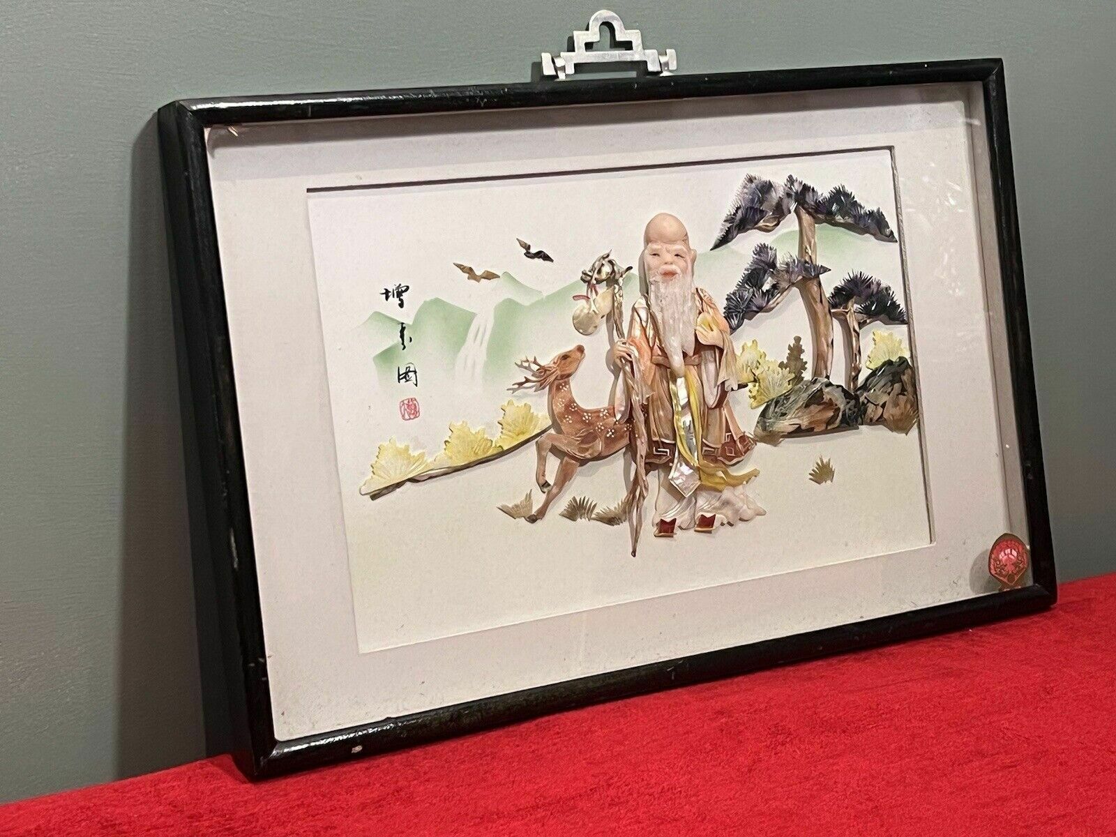 Oriental Chinese Lao Shouxin Deity Of Longevity Mother Of Pearl Artwork Signed photo for sale