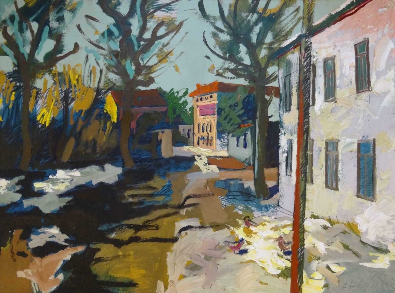 Alberts Paulins Street View At Spring. Oil On Cardboard