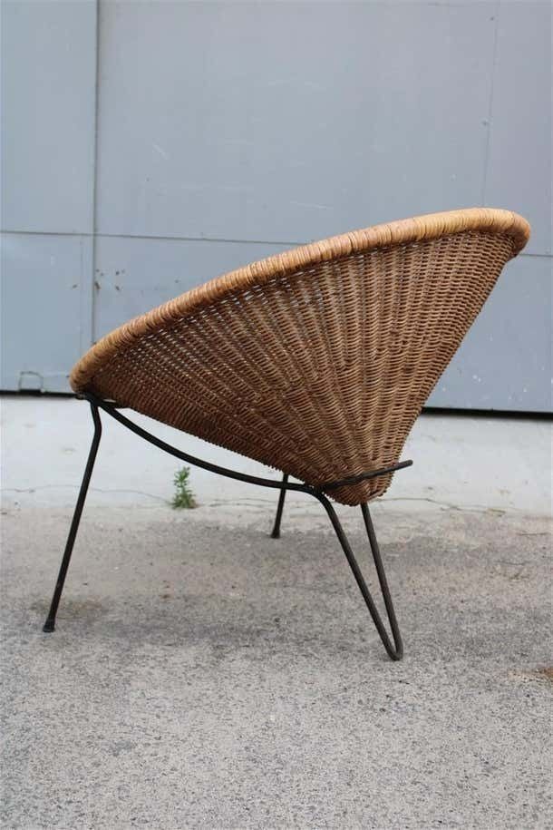 photo for sale Pair Of Roberto Mango Armchairs Italy 1950 Iron And Bamboo Cone Wicker