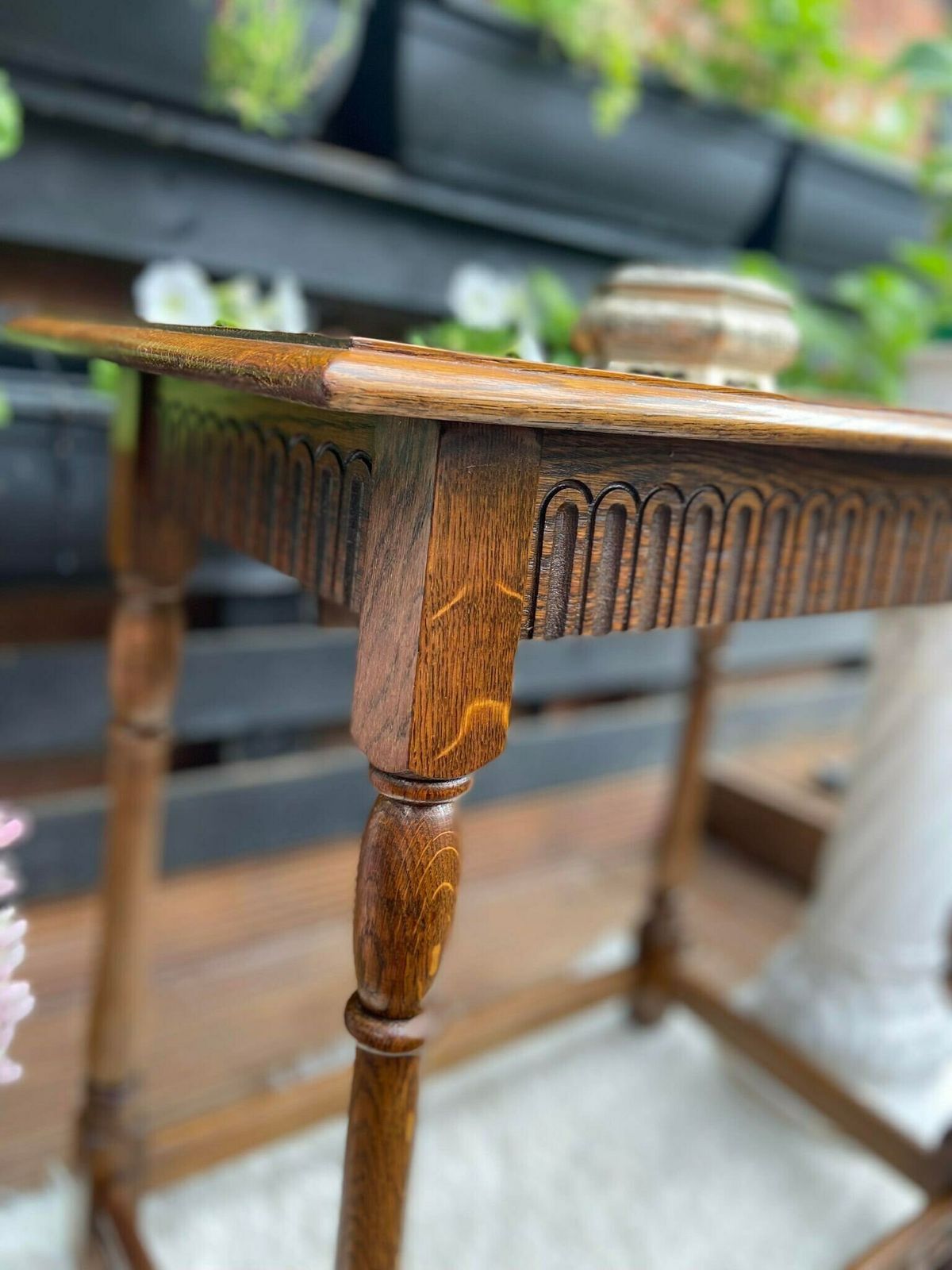 photo furniture Vintage Priory Oak Hall Table / Carved Details / Light Oak / 1970s