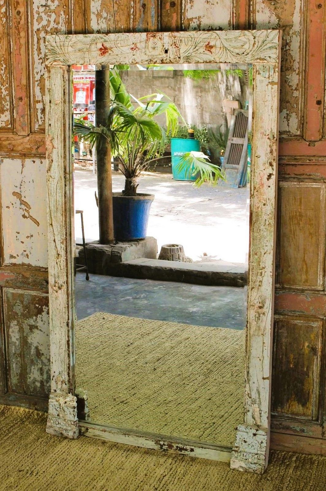 Doorway Mirror With Pale Blue Faded Paint Tones, 19th Century, Gujarat