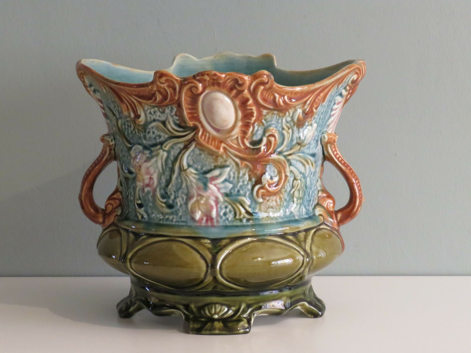 Art Nouveau Planter, Majolica, Early 20th Century, France
