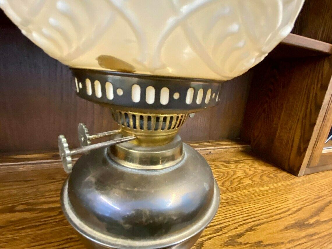 Vintage Oil Lamp / Flower Motif Shade / Bohemia Of Czechoslovakia 1950s photo Lighting