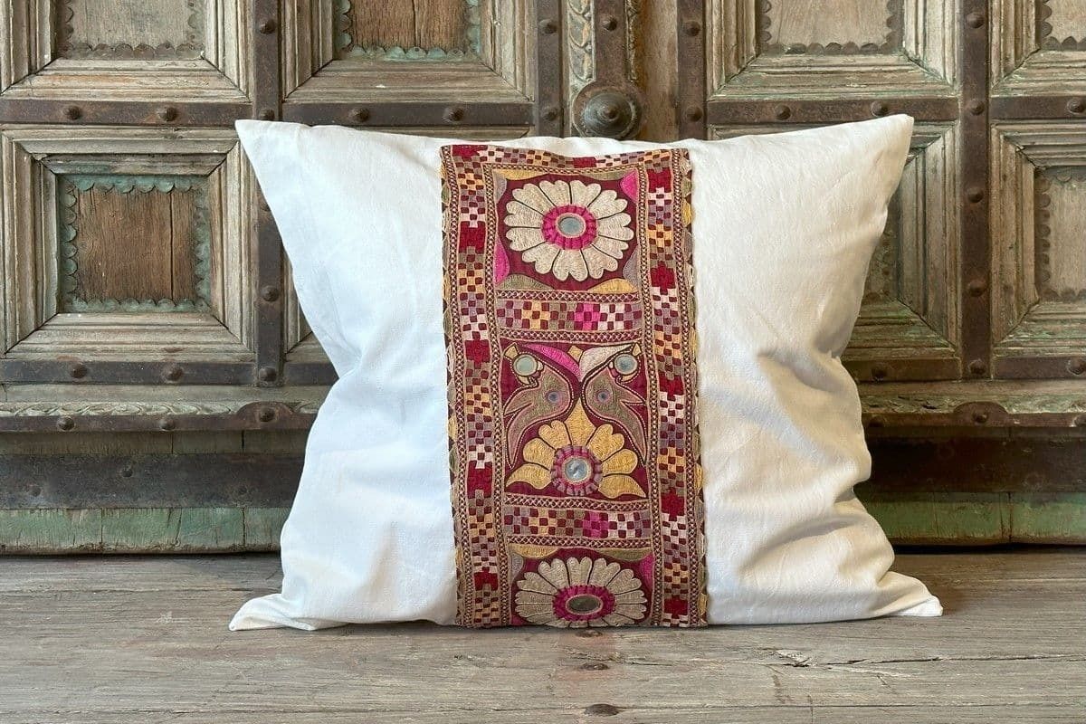 Vintage French Linen Cushion With Indian Antique Embroidery