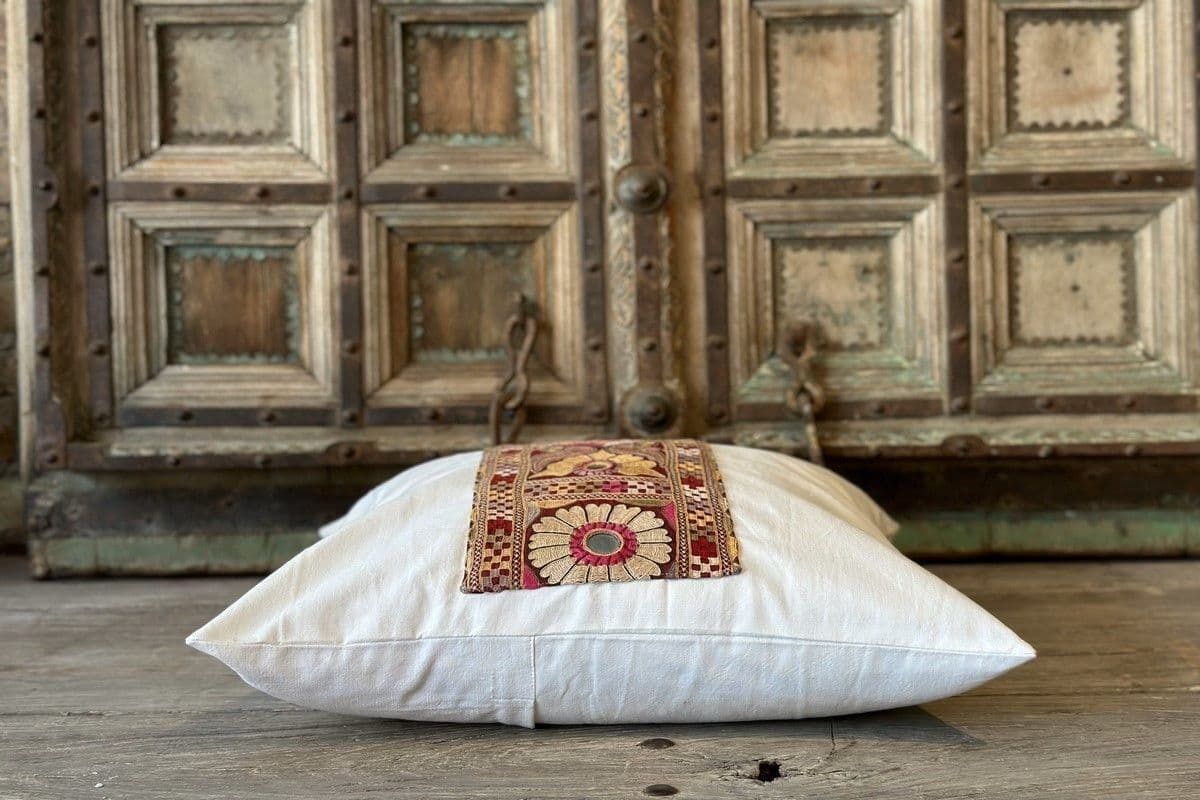 Vintage French Linen Cushion With Indian Antique Embroidery photo furniture