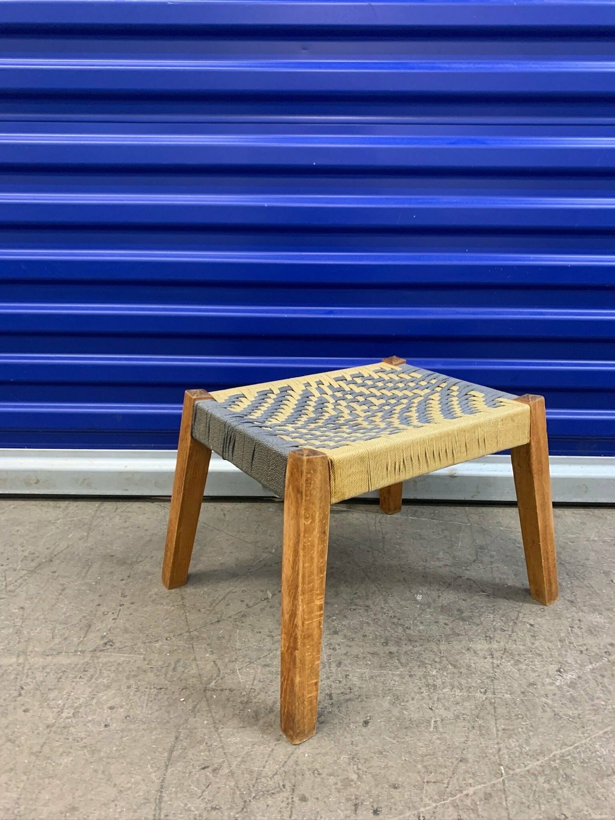 Cute Little Footstool With Woven Rope Seat And Slanted Legs photo vintage