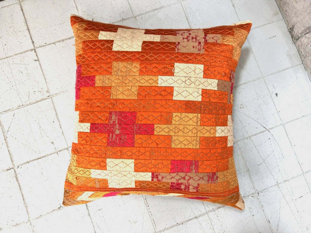 Set Of Three Vintage Hand Embroidered Silk Sunset Scatter Cushions photo 95.0