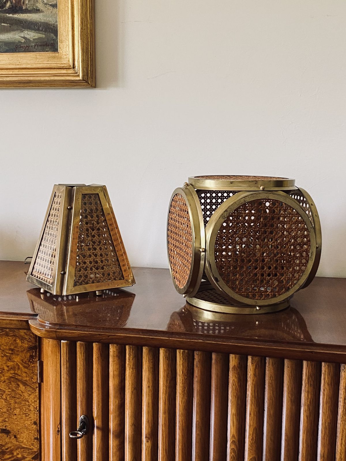 Set Of 2 Hollywood Regency Lamps In Brass And Vienna Straw, Italy 60's / 70's photo furniture