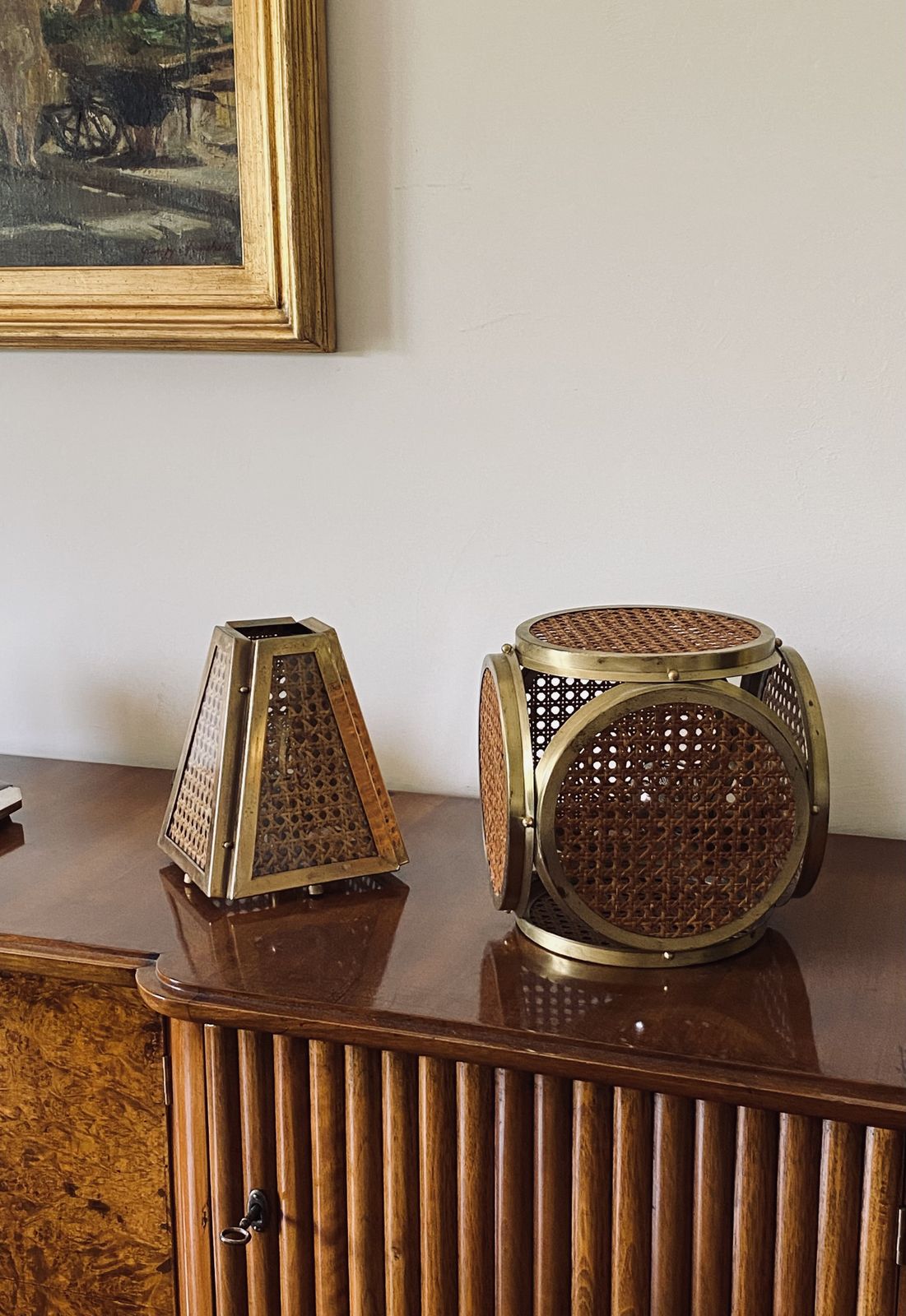 Set Of 2 Hollywood Regency Lamps In Brass And Vienna Straw, Italy 60's / 70's photo for sale