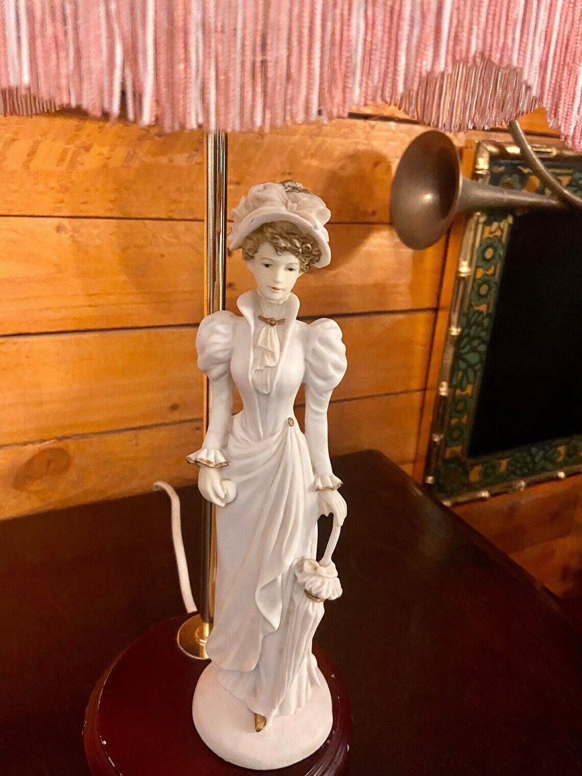 Vintage Very Stylish Table Lamp With Ceramic Ladies Figure / Fabric Shade / Wooden Base / Table Lamp / Made In England 1950s photo vinterior