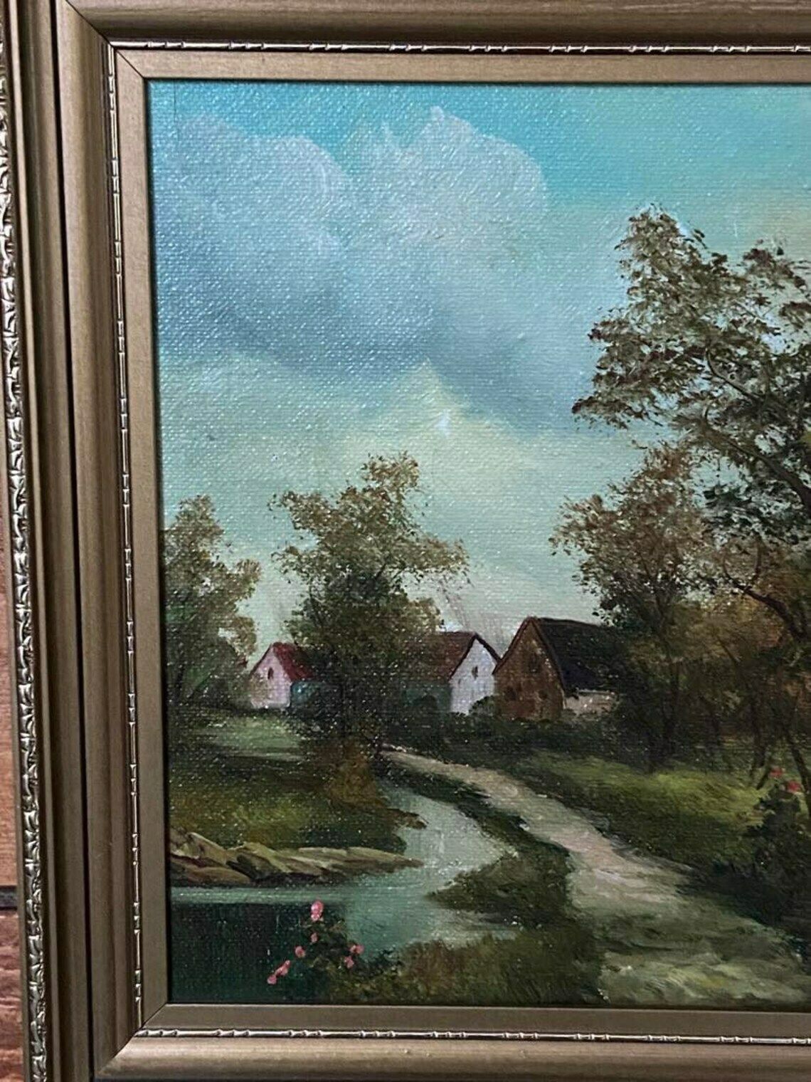 photo furniture Vintage Oil On Canvas 1980s / Signed Flumen / Framed / Cottage Landscape