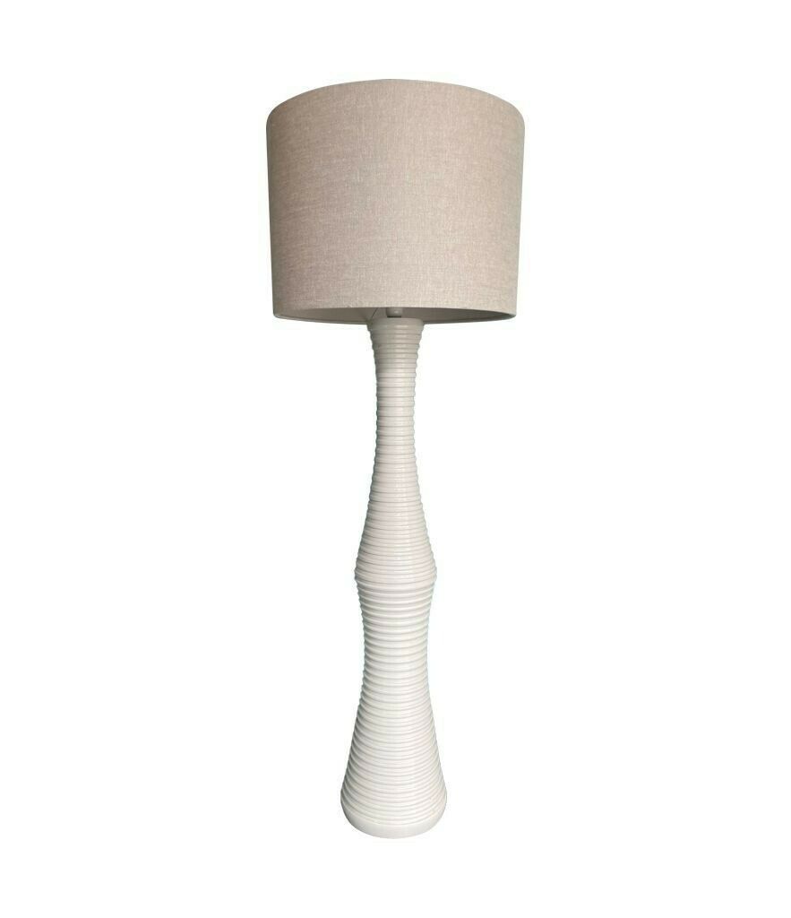 A Large 1970s Italian White Ribbed Ceramic Floor Lamp With Natural Linen Shade