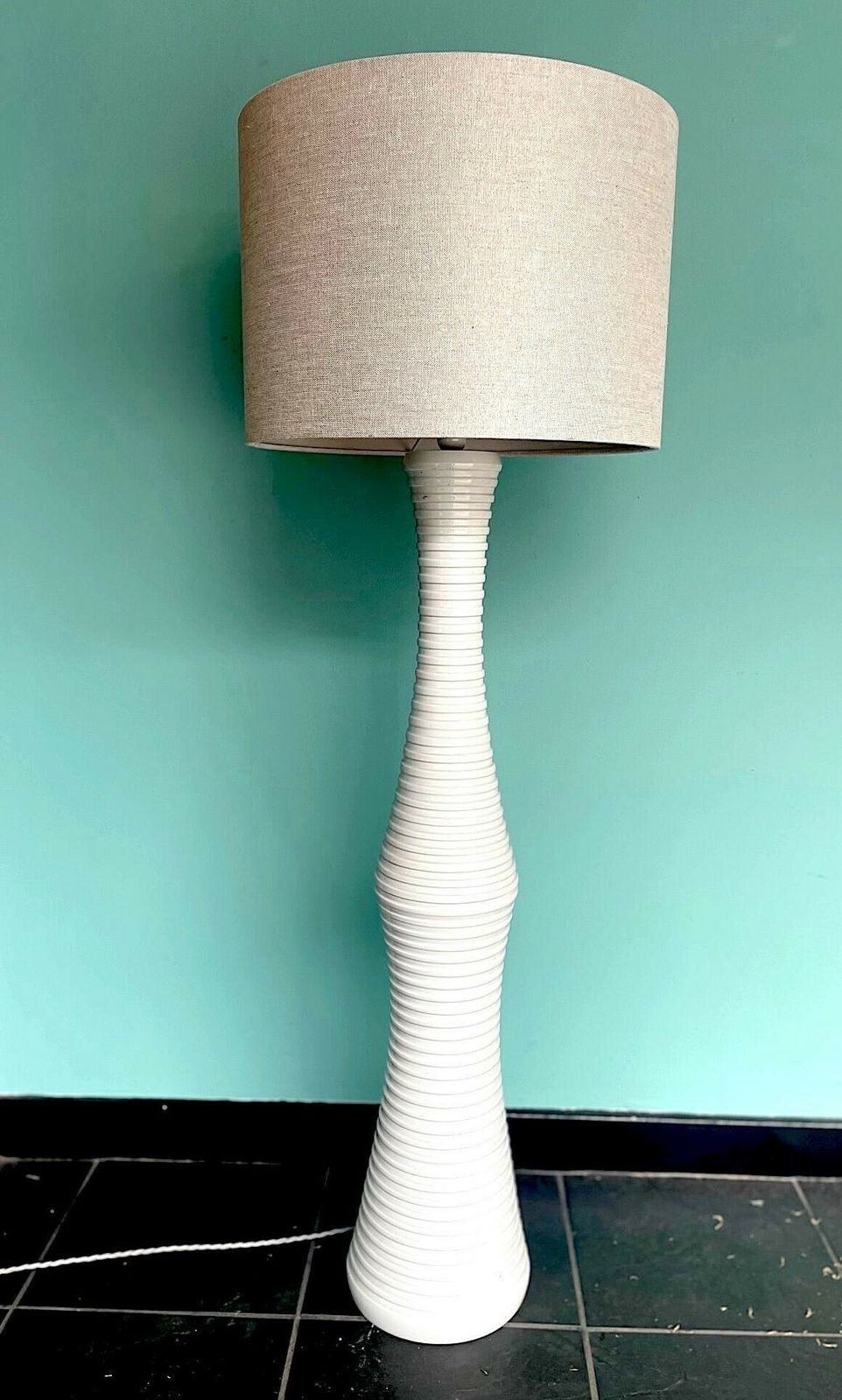 A Large 1970s Italian White Ribbed Ceramic Floor Lamp With Natural Linen Shade photo furniture