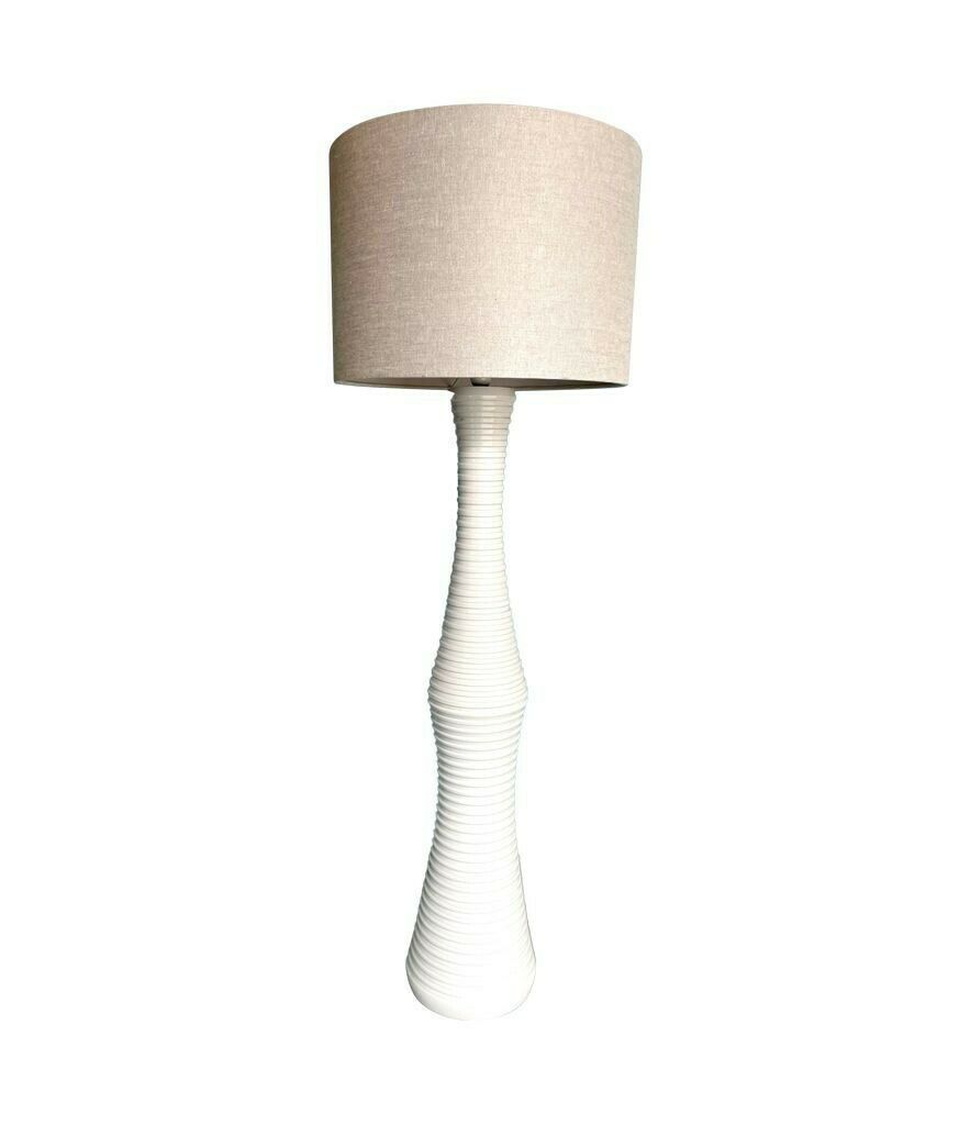 A Large 1970s Italian White Ribbed Ceramic Floor Lamp With Natural Linen Shade photo for sale