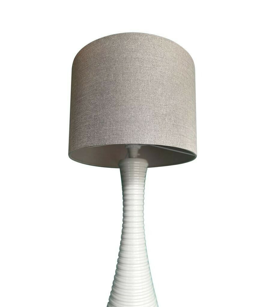 A Large 1970s Italian White Ribbed Ceramic Floor Lamp With Natural Linen Shade photo Lighting