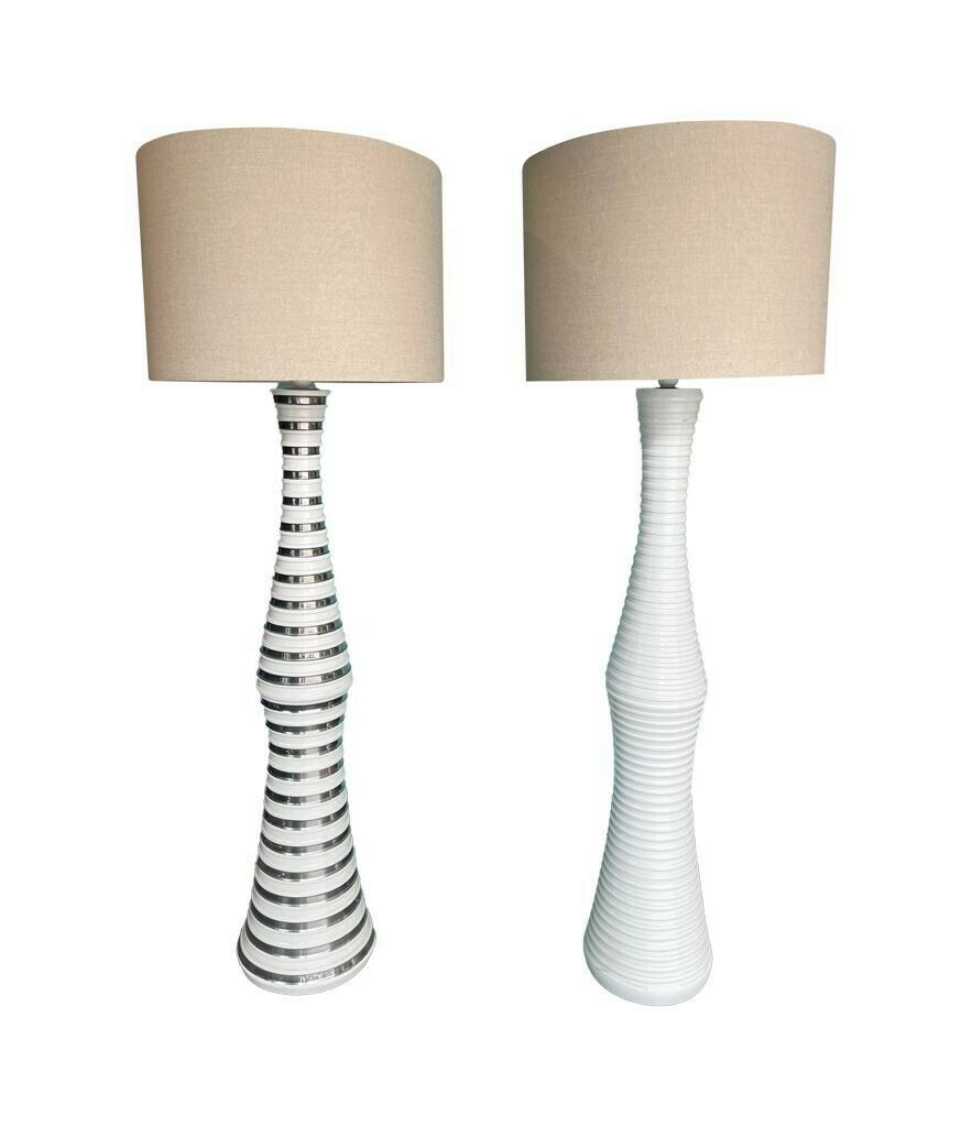 A Large 1970s Italian White Ribbed Ceramic Floor Lamp With Natural Linen Shade photo buy
