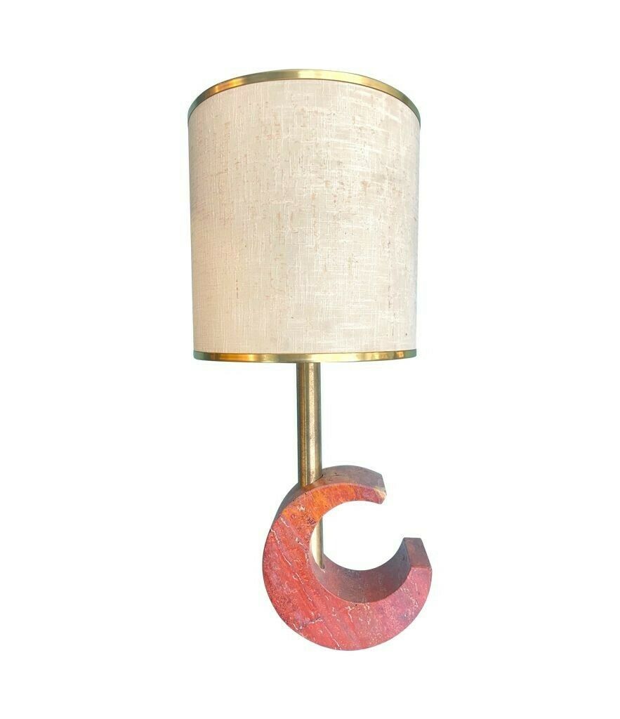 A Large Italian 1970s Red Venetian Marble Crescent Shaped Lamp With Orignal Shade