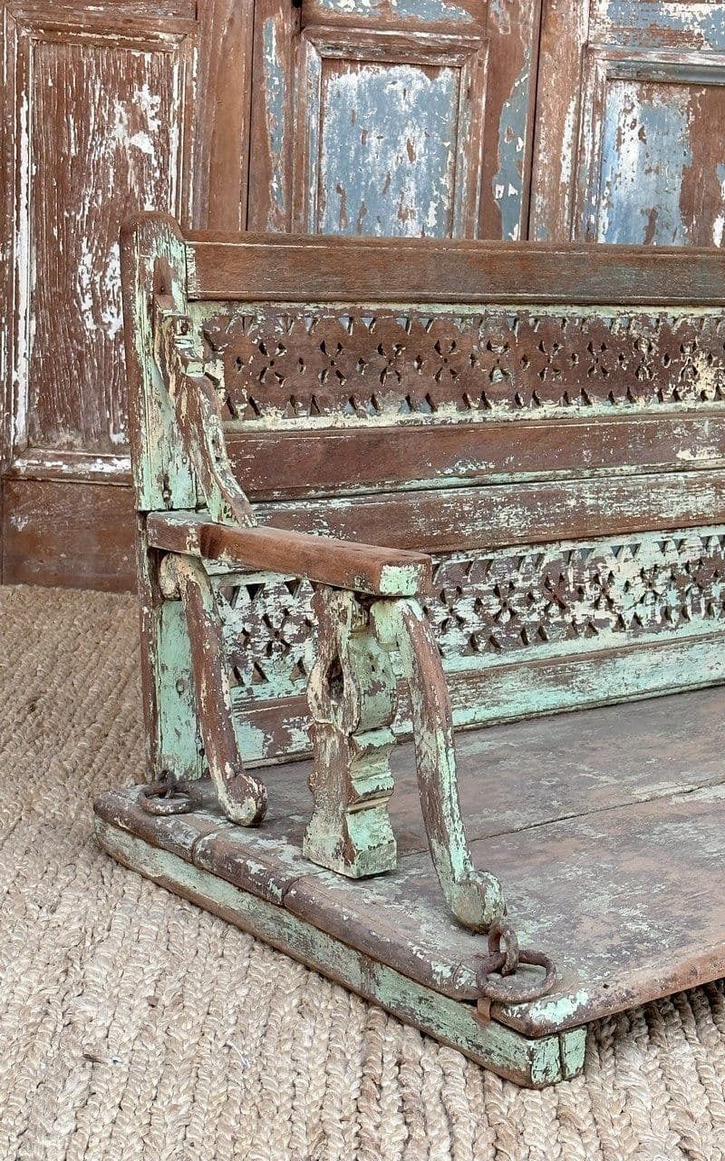 Decorative Teak Swing With Faded Green Paint Tones And Brass Chains photo Furniture