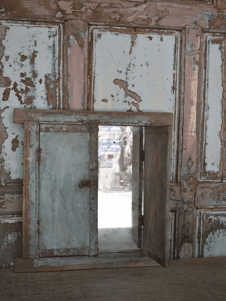 Old Tribal Shutter Mirror With Faded Blue Paint, Kutch