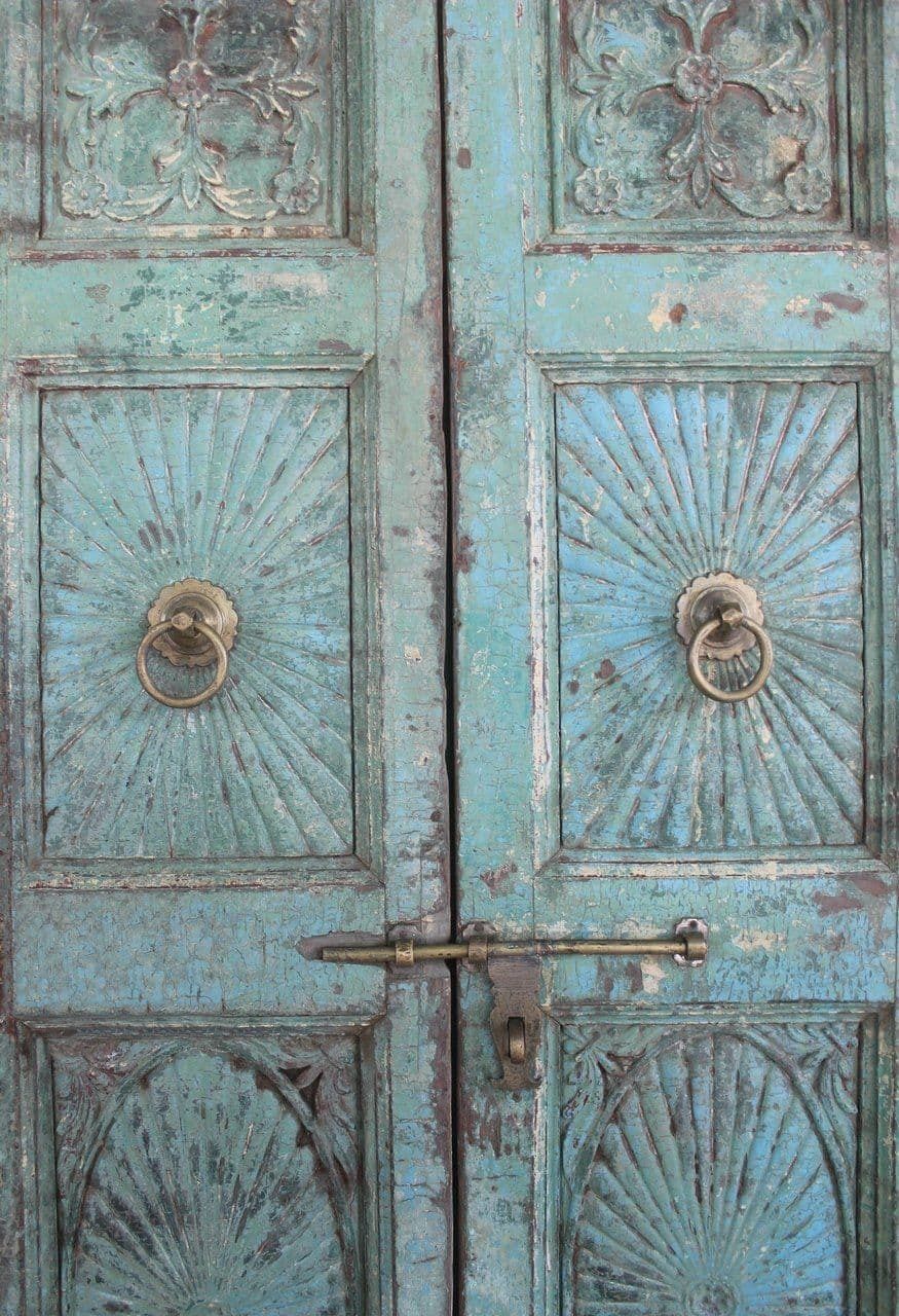 19th Century Merchant's Haveli Door With Faded Green Paint Tones photo furniture