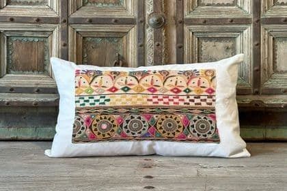 Vintage Linen Cushion With Appliqued Antique Embroidery