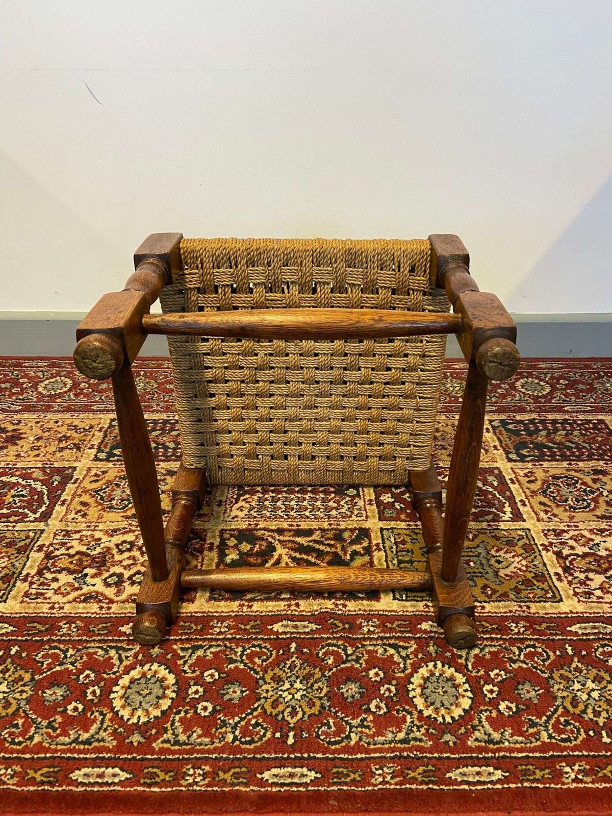 Vintage Small Wooden Foot Stool / Seagrass Top Rustic Low Stool / Plant Stand photo for sale