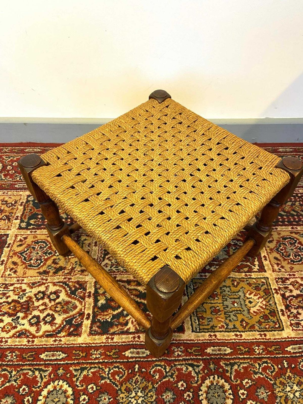 Vintage Small Wooden Foot Stool / Seagrass Top Rustic Low Stool / Plant Stand photo vinterior