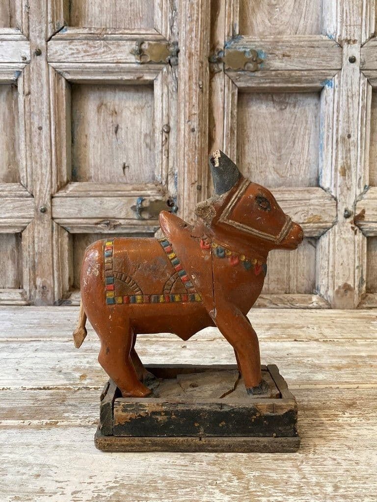 Wooden Nandi Bull Hand Painted And On A Stand photo for sale