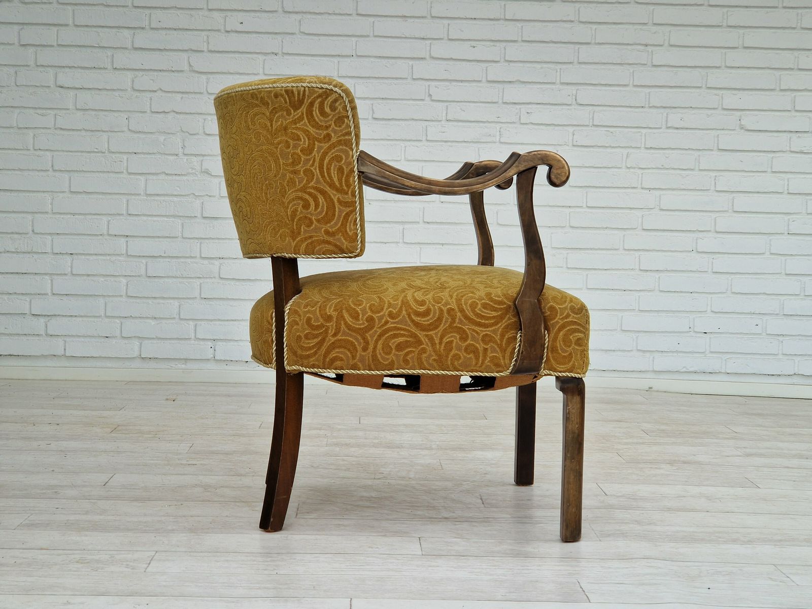 photo for sale 1930s, Scandinavian Design, Armchair In Green Furniture Fabric, Ash Wood, Original Very Good Condition.