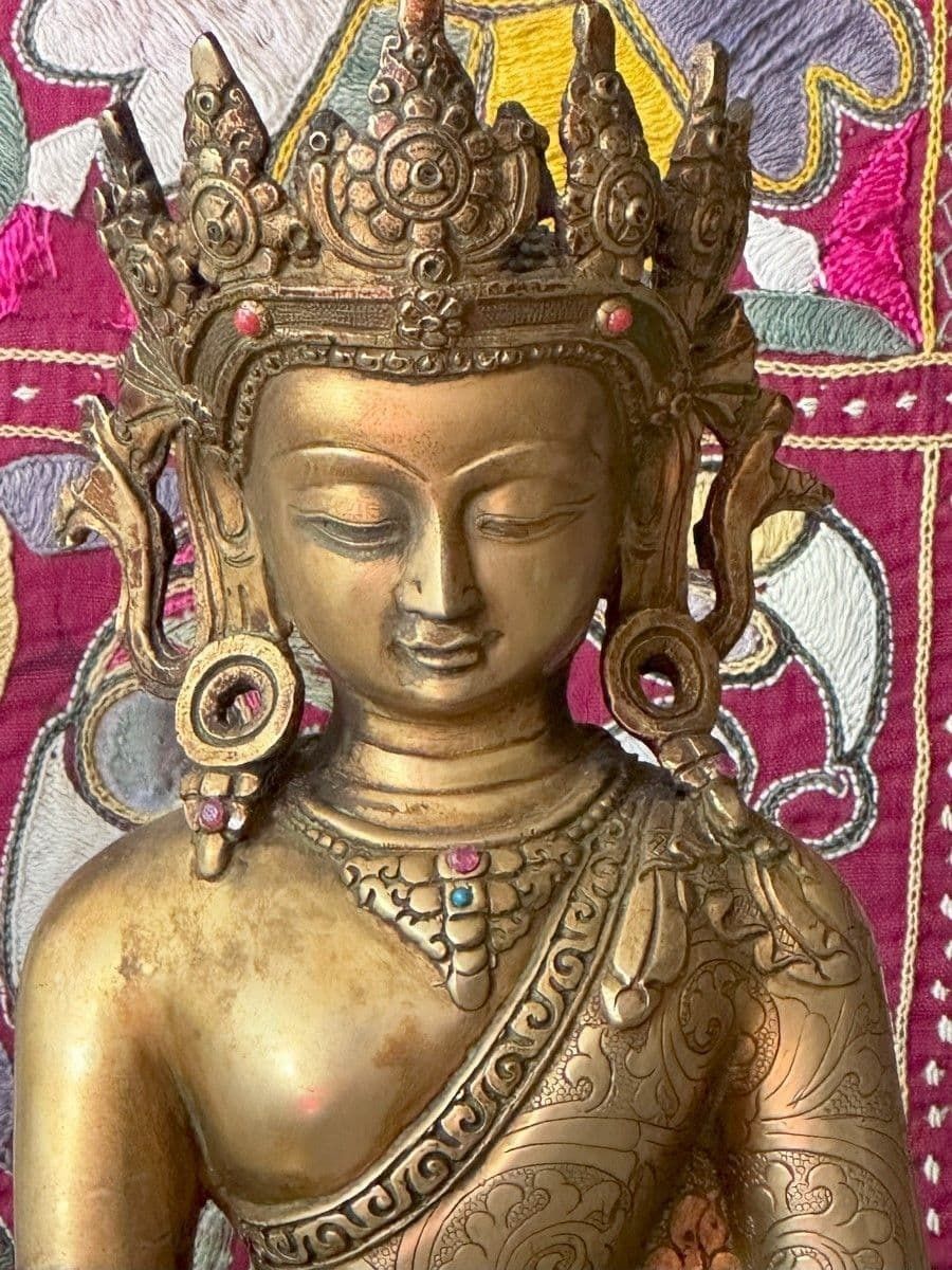 Gold Plated Bronze Buddha With Jewels & Crown, Nepal