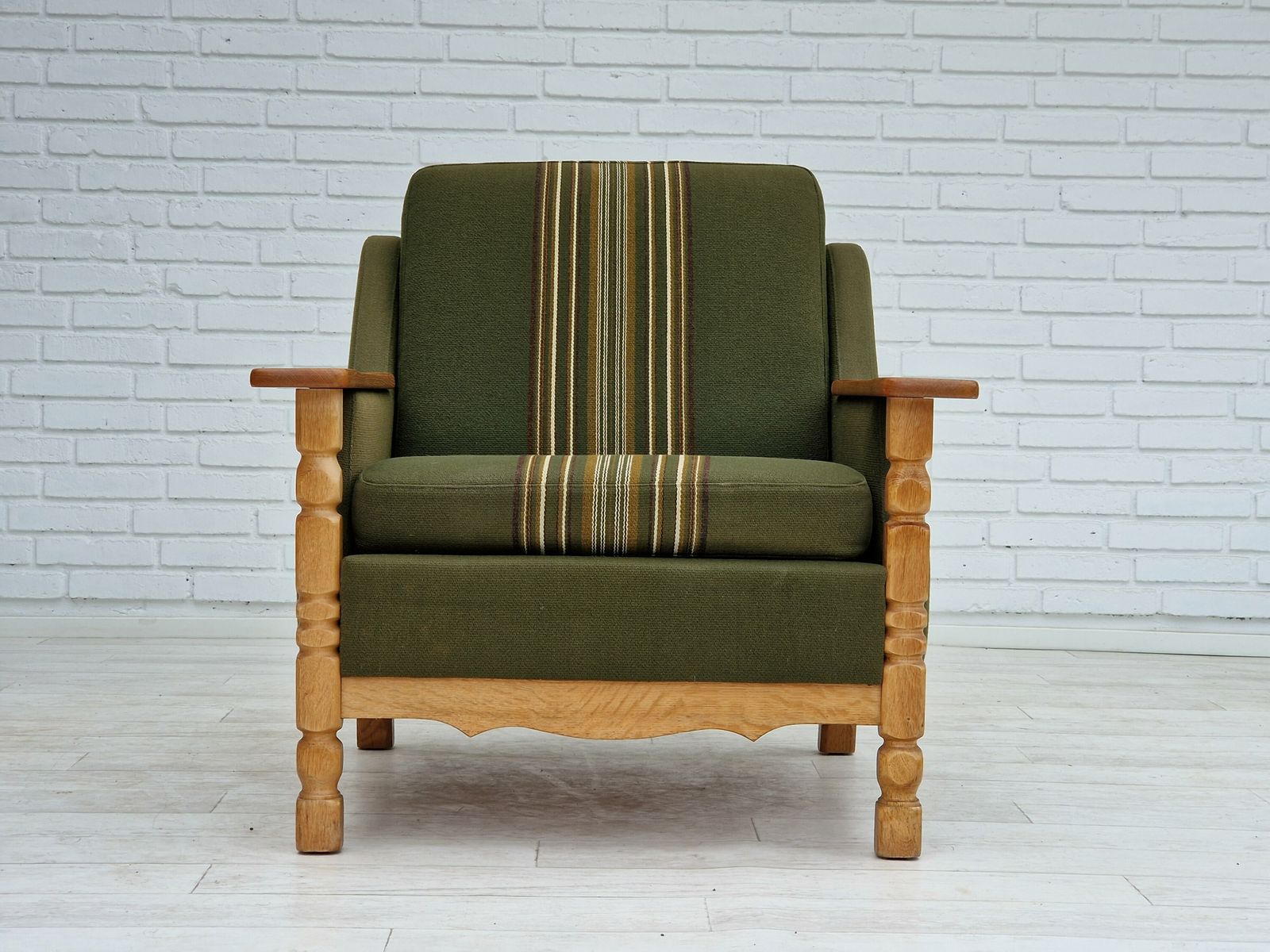 1970s, Danish Design, Lounge Chair In Green Furniture Wool, Oak Wood. photo furniture
