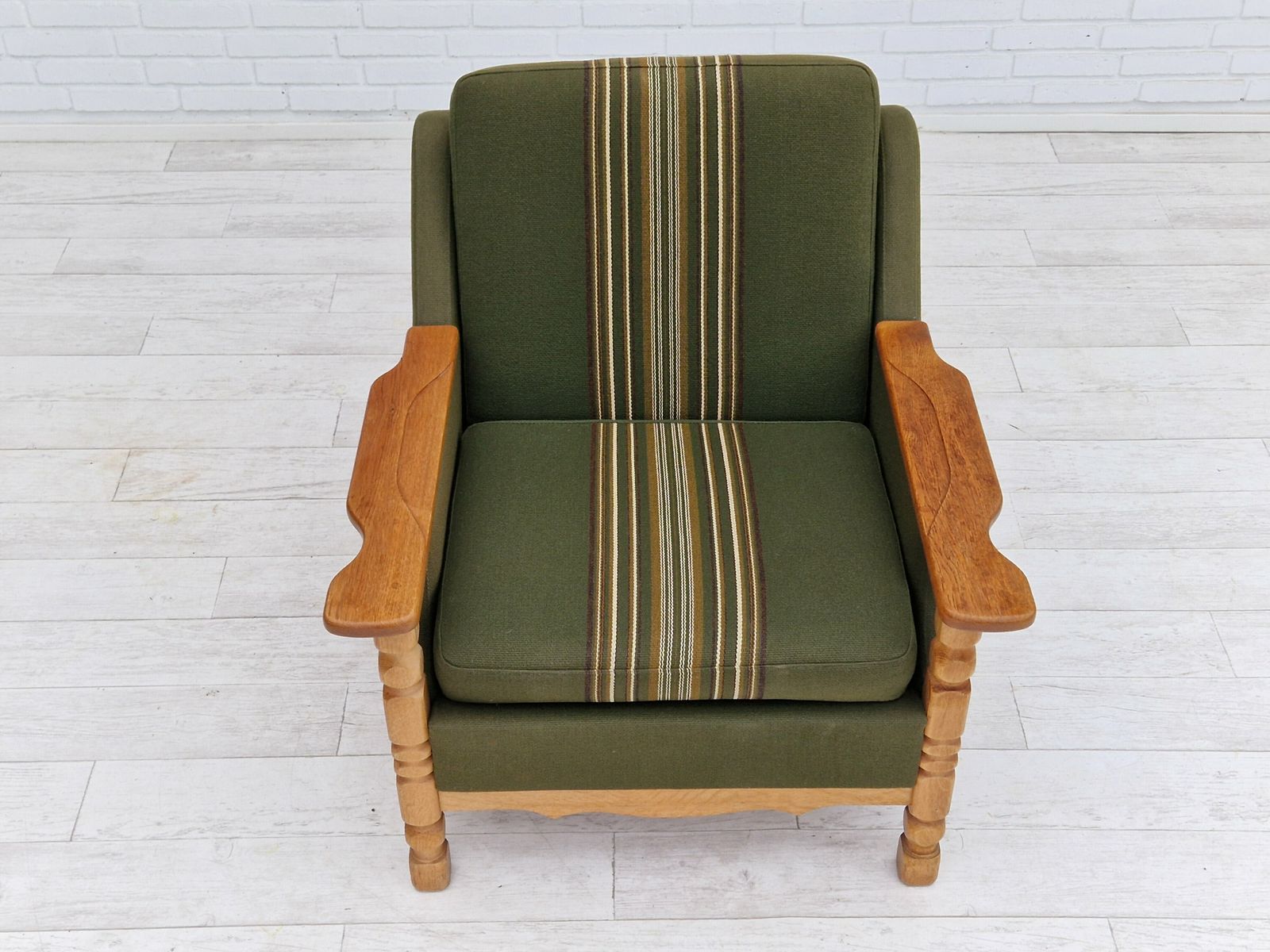 1970s, Danish Design, Lounge Chair In Green Furniture Wool, Oak Wood. photo for sale
