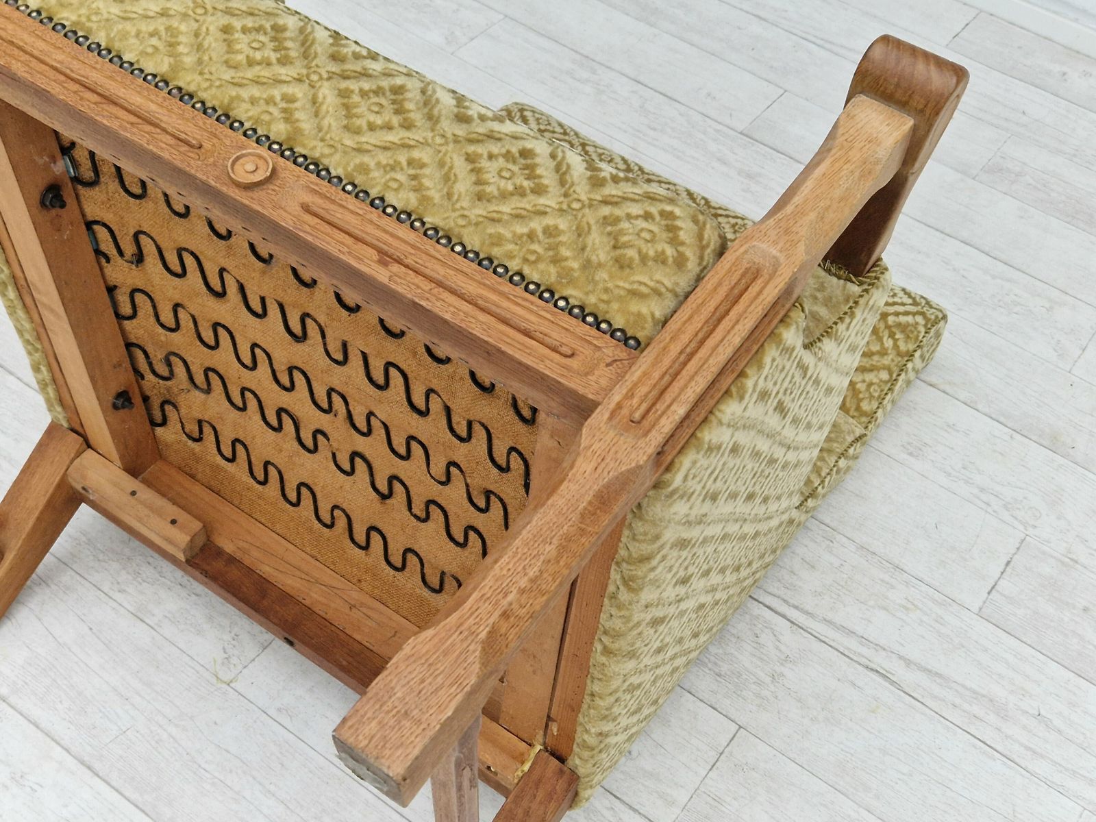 photo buy 1960s, Danish Design, Highback Armchair, Furniture Fabric, Oak Wood.
